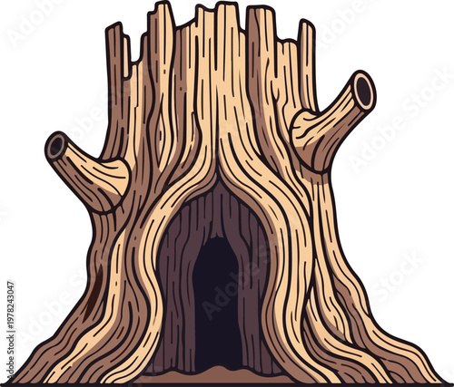 Mysterious hollow tree stump with an entrance to a hidden passage or cave vector illustration