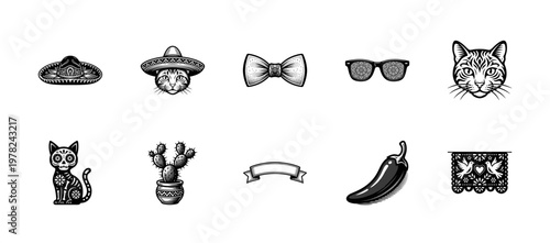 Mexican Folk Art Cat and Cultural Elements