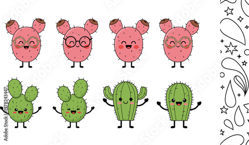 Cute cactus characters collection with kawaii style desert plants smiling cartoon illustration set including prickly pear and saguaro designs