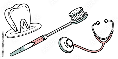 Oral health and dental checkup graphic elements set with health care oral hygiene stethoscope toothbrush dentistry instrument illustration equipment preventive stomatology