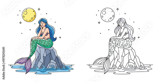 Mermaid Sitting on a Rock Under Moon Vector Illustration, Colored and Line Art Version for Children Coloring Page, Mythical Siren Character in Ocean Night Scenery