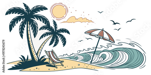 Tropical beach scene with palm trees beach chair and sun umbrella by the ocean waves tropical vacation umbrella relaxation landscape paradise coastline environment traveling