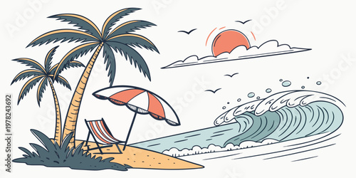 Summer beach landscape with palm trees beach chair umbrella and crashing ocean waves tropical vacation umbrella paradise landscape coastline relaxation environment illustration