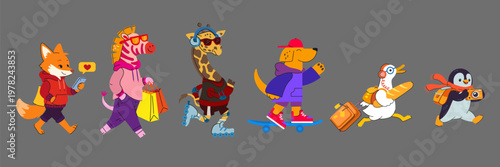 Set of cute flat vector animals in motion — fox, zebra, giraffe, dog, bird, and penguin — with gadgets and accessories, modern playful style.