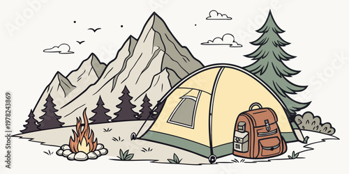 Camping scene with tent bonfire and backpack in mountain landscape flat vector illustration backpack mountain adventure landscape wilderness vacation recreation activity