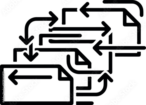 Abstract workflow diagram with interconnected arrows and document icons representing data flow