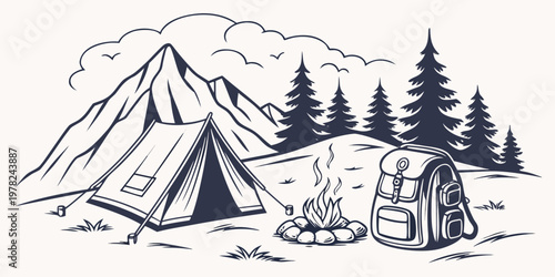 Vintage style monochrome camping illustration with mountain tent and campfire scene backpack mountain adventure landscape wilderness vacation recreation campsite activity