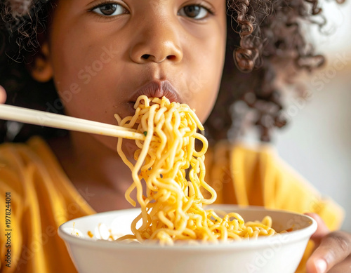 Child eating noodles with chopsticks