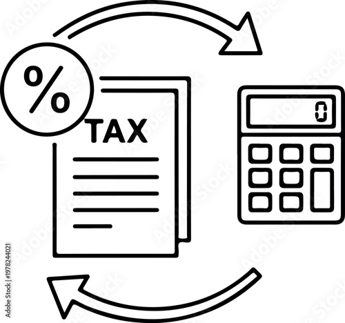 Calculator and tax document icon with circular arrow representing tax cycle and financial calculation process for accounting and fiscal management vector illustration