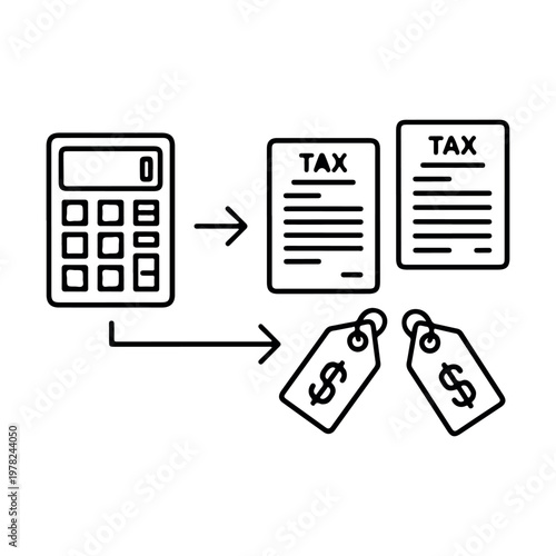 Calculator icon calculating tax documents and pricing tags for financial business accounting vector illustration representing simple tax calculation process for corporate bookkeeping