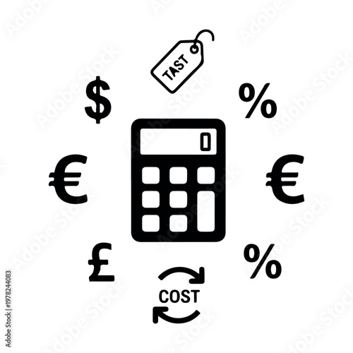 Calculator surrounded by currency symbols euro dollar pound and percentage signs for finance