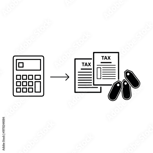 Calculator icon processing tax documents and multiple price tags for business financial accounting and economic analysis vector illustration in minimalist style