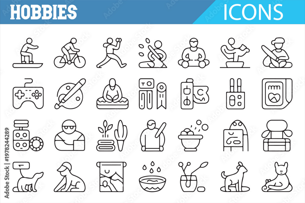 Fototapeta premium Lifestyle hobbies icon set outline leisure activity vector collection