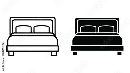 Vector illustration of two black and white bed icons with headboards and pillows