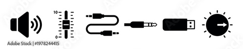 Audio volume, equalizer, cable, and USB icons represent essential digital media and device management tools for modern technology interfaces.