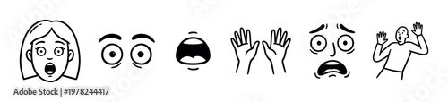 Fear expressions and reactions vector illustration set depicting a range of human emotions from surprise to intense panic and distress.