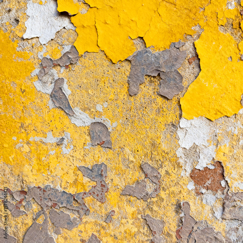 Yellow Peeling Paint Wall Texture with Cracks and Distressed Concrete Background