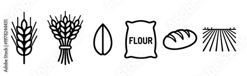 Wheat flour bread agriculture icons set illustrating the process from grain to baked goods, perfect for food industry and farming concepts.