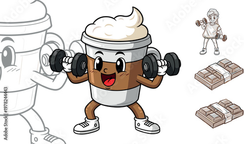 Cute coffee cup mascot lifting dumbbells vector illustration set featuring fitness character with takeaway cup and cartoon workout theme