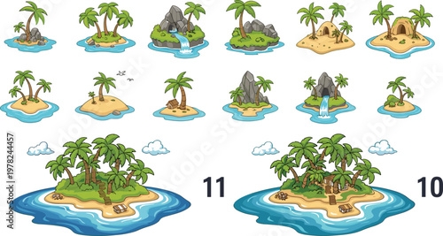 Tropical Island Set with Palm Trees, Beaches, Waterfalls, and Rocks for Nature, Travel, and Adventure Graphic Designs