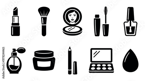 Makeup and beauty products icons set featuring essential cosmetic items in a clean, minimalist style for various design projects and digital applications.