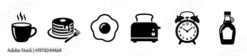 Breakfast food and morning icons collection featuring coffee, pancakes, egg, toaster, and alarm clock for a fresh start to the day.