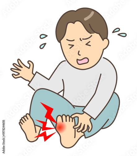 足の親指の付け根に痛風発作が起きて痛がる男性のイラスト