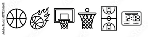 Basketball sports game equipment and court elements are depicted as a set of simple black outline icons, ideal for sports-themed graphic designs.