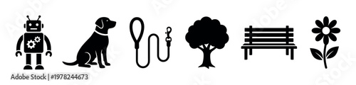 Collection of various black silhouette vector icons representing a robot, dog, leash, tree, bench, and flower, perfect for web design or infographics.