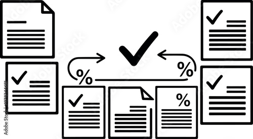 Document icons with checkmarks and percentage symbols in a circular arrangement with arrows