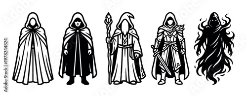 Fantasy hooded figures representing various magical and mysterious characters in a set of black and white illustrations, perfect for gaming or storytelling themes.
