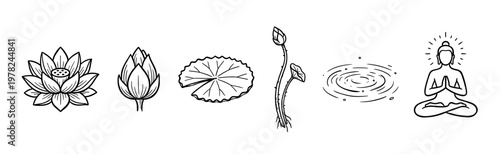 Lotus flower elements and meditation symbols are beautifully illustrated in a minimalist black and white line art collection, perfect for spiritual and wellness designs.