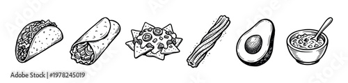 Six hand-drawn Mexican food icons featuring a taco, burrito, nachos, churro, avocado, and salsa in a detailed black and white vintage engraving style, arranged in a horizontal row