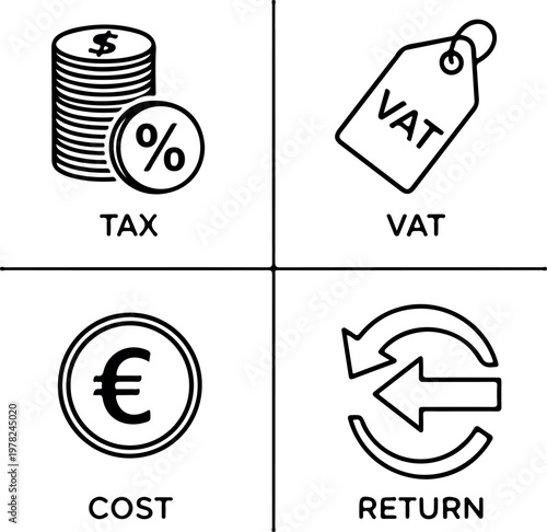 Four finance concept icons showing tax VAT cost and return with currency and circular arrow symbols