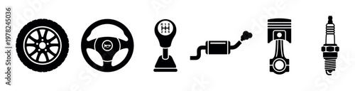 Automotive car parts and engine components vector icons showcasing essential elements for vehicle maintenance, repair, and driving, presented as clean black silhouettes.