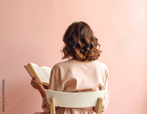 Woman reading book against pink wall