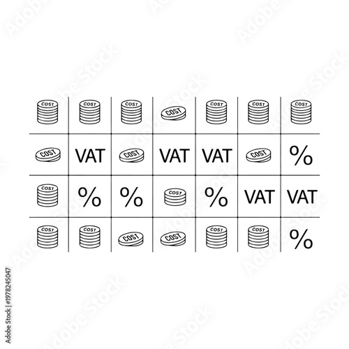 Grid layout of financial icons featuring cost stacks and vat percentage symbols in minimalist black line art style for business and accounting presentation materials