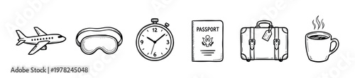 Travel icons collection featuring an airplane, sleep mask, clock, passport, suitcase, and steaming coffee mug in a hand-drawn style.