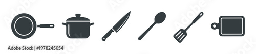 Set of dark grey kitchenware icons including a frying pan, pot, knife, spoon, spatula, and cutting board in a simple, minimalist graphic design style for cooking concepts