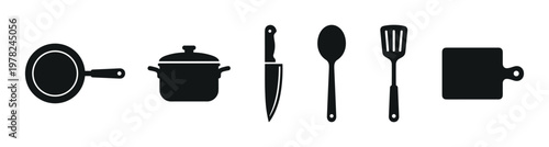 Black kitchen utensil icon set with a pan, pot, knife, spoon, spatula, and cutting board in a simple flat silhouette style arranged in a horizontal row