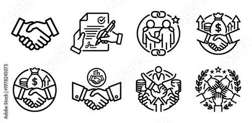 Business icons representing various concepts of agreement, partnership, finance, and successful collaboration in a professional setting.