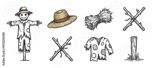 Hand drawn scarecrow elements set with straw hat, bundled hay, crossed sticks, a patched shirt, and a wooden post, depicted in a rustic, vintage sketch style