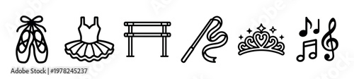 Collection of ballet themed vector icons showing pointe shoes, a tutu dress, a dance barre, a ribbon wand, a princess tiara, and musical symbols in a clean line art style