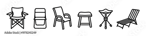 Collection of various outdoor chairs and stools drawn in a simple black line art style, including camping, folding, patio, and lounge chairs for recreation and leisure activities