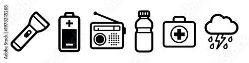 Emergency preparedness survival kit items including flashlight, battery, radio, water bottle, first aid kit, and storm weather icons in a simple graphic illustration.