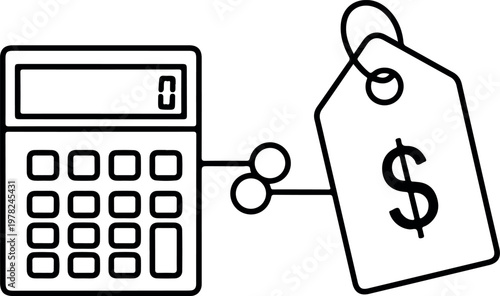 Simple line art illustration of a calculator connected to a price tag representing cost calculation and financial budgeting for retail and accounting business