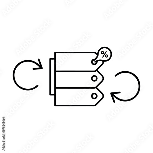 Stack of price tags with percentage symbol and circular arrows indicating cost and value