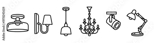 Six different types of lighting fixtures illustrated in a simple black outline style, featuring a ceiling light, wall sconce, pendant, chandelier, spotlight, and adjustable desk lamp