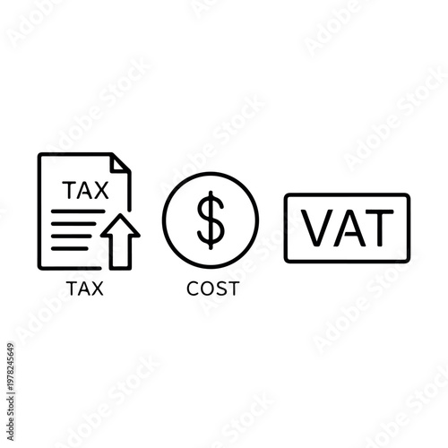 Tax cost and VAT icons illustrating financial concepts with upward arrow and dollar coin