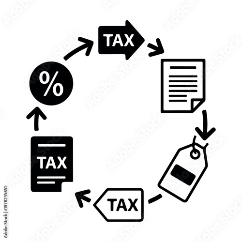 Tax cycle infographic with percentage cost document and tax tags connected by arrows in a circular flow